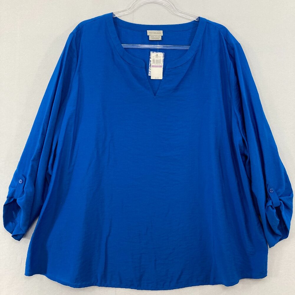 New Van‎ Heusen Top size XXL Royal Blue Split Neck Rolled Sleeve Blouse Office